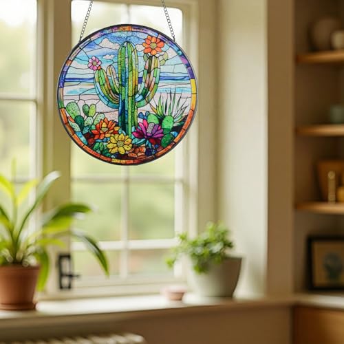 Cactus Suncatcher Decor, Cactus Stained Glass Window Art Beach Decor Sea Glass Hanging - 7.9" Outdoor/Indoor Art Decor for Home Garden