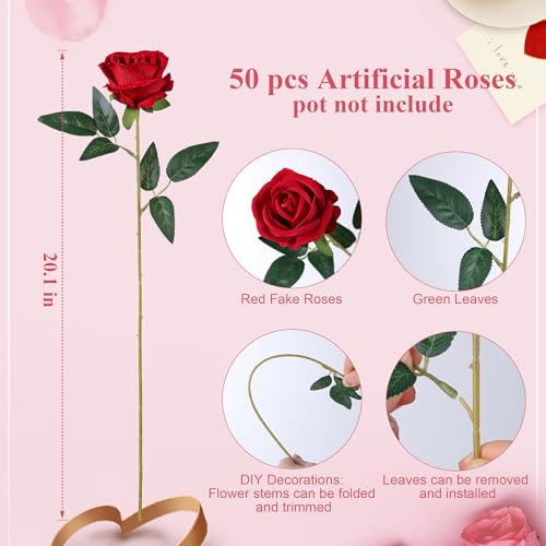 HyeFlora 50 PCS Red Roses Artificial Flowers, Fake Roses with Stems Realistic Silk Roses for DIY Wedding Bouquets Tables Centerpieces Arrangements Party Baby Shower Birthday Home Decor Gift for Her - color: Red