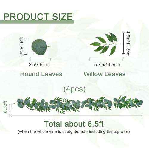 GREENTIME 4 Pack 6.5Ft Fake Greenery Garlands Eucalyptus Willow Garland for Rustic Wedding Arch Swag Doorways Table Runner Staircase Fireplace Chair Home Party Decoration - color: Green-4
