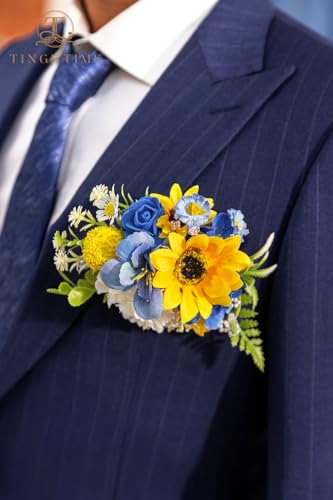 TINGE TIME Sunflower Boutonniere for Men Wedding,Groom and Pocket Boutonniere for Wedding, Prom, Homecoming, Anniversary, Graduation, Christmas Dinner - color: Sunflower&royalblue