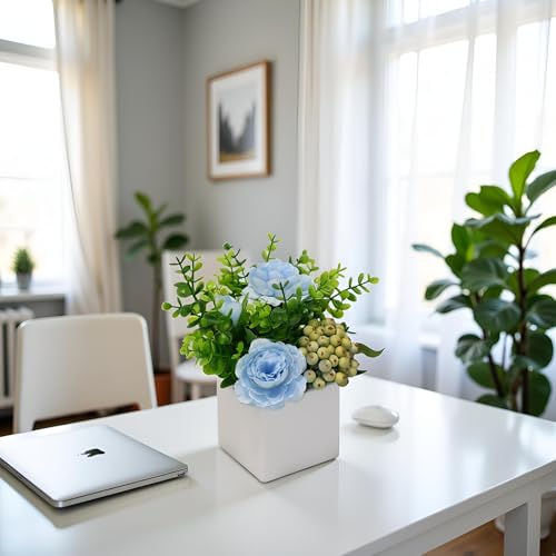 LADADA Artificial Blue Rose Potted Flowers with White Square Vase | Faux Eucalyptus Leaves Frosted Berry Floral Arrangement,Small Fake Silk Flower Centerpiece for Office Shelf Home Indoor Decor - color: Blue