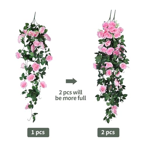 RECUTMS Hanging Flowers Artificial Rose Flower 2PCS 3.3Ft for Outdoors with 30 LED Fairy String Lights Fake Outdoor (Pink) - color: Pink, size: 2 pcs light