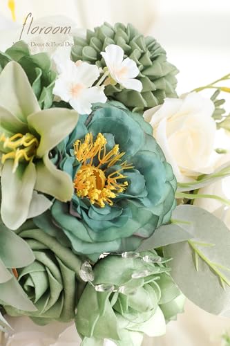Floroom Sage Green Artificial Flowers Fake Roses Peonies Dahlia Greenery Combo Box Set for DIY Wedding Bouquets Bridal Shower Centerpieces Floral Arrangements Party Tables Home Decoration - color: Olive Sage Green