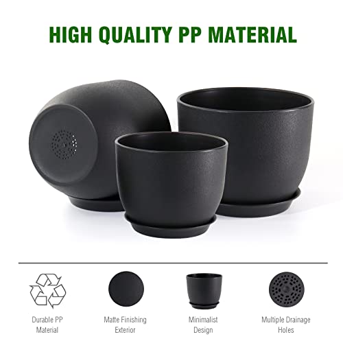 WSMKSZ 12/10/9 inch Big Flower Pots, 3 Pack Modern Decorative Plastic Planters with Drainage Holes and Tray, Plant Pots for Indoor Outdoor Plants, Black - color: Black, size: 12"+10"+9"