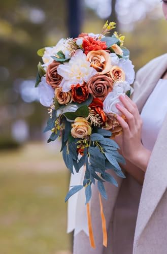 Wedding Bouquets for Bride Bridal Bouquet Bridesmaid Bouquet Tossing Bouquet for Wedding Ceremony Wedding Anniversary, Wedding Gifts, Chic Terracotta and Orange Style - color: Sunset Red
