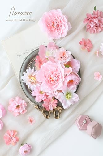 Floroom Mini Artificial Flower Heads Pink & Blush Fake Peony Daisy Rose Multicolor Small Faux Silk Flower Heads for Cake Craft Garland Wedding Party Graduation Cap DIY Home Decoration, 0.8"-3.6" - color: Serena Blush & Pink
