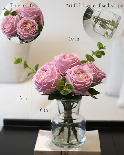 CHASMILE Artificial Flowers with Pinkish-Purple Peonies in Vase, Fix Lifelike Fake Flowers in a Vase with Artificial Water, Faux Flower Arrangements for Dining Table Centerpiece Decor - color: Purple Artificial Peonies Flowers With Vase