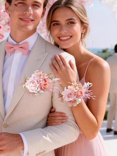 Serwalin 2Pcs Corsage and Boutonniere Set,Pink Rose Corsage Wristlet and Pocket Boutonniere for Prom Wedding Homecoming Anniversary Graduation - color: Pink