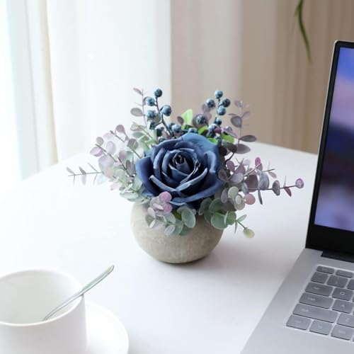 Small Artificial 2pcs Blue Rose Potted Plant, 6" Fake Silk Flowers in 3.5" Round Pot, Mini Faux Floral Arrangement for Desk Shelf Bathroom Decor - color: 2pcs Blue