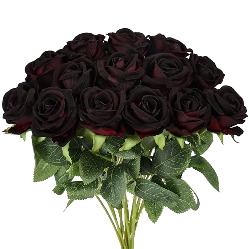 Auihiay 14PCS Black Magic Artificial Roses, Realistic Silk Fake Roses Flowers with Long Stem for Gothic Wedding Decor, Party Garden Decoration & Home Table Decorations - color: Burgundy-black Tinted