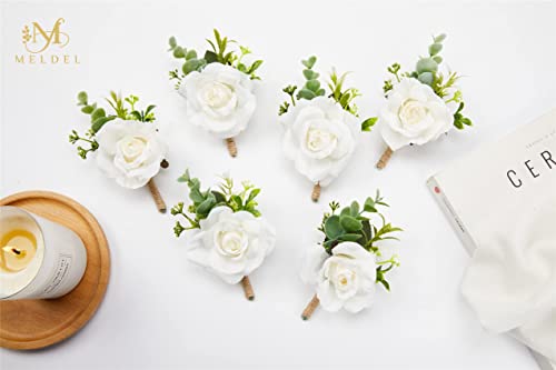 Ivory Rose Boutonniere for Men,Set of 6,Groom and Best Man Boutonnieres with Artificial Flower,for Wedding Ceremony Anniversary, Formal Dinner Party, Fall Vintage Rustic Marriage Prom - color: White#2 Boutonniere ( Set of 6)