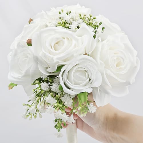 Wedding Bridesmaid Bouquets Set of 2, Artificial Silk Flowers Arrangement for Ceremony Marriage Proposal Party Anniversary Decorations - White - color: White, size: Set of 2 Bouquets
