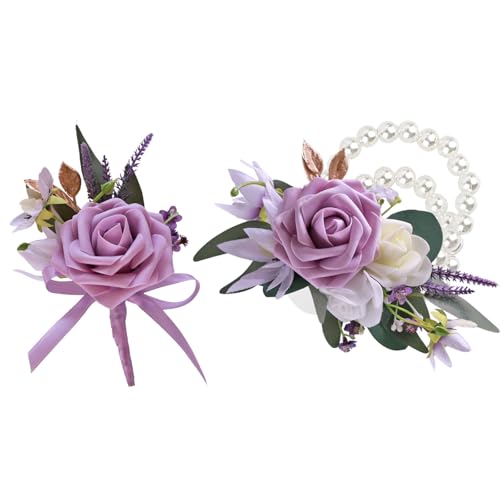CherishedMoments Corsage and Boutonniere Set, Purple Rose Handmade Artificial Flower Wrist Corsage and Groom Boutonniere for Men Wedding, Bridesmaid Hand Flower for Wedding,Prom Suit Decorations - color: Purple