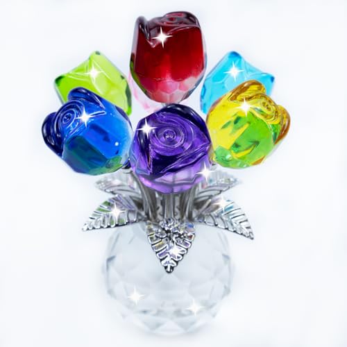 TWINKLING Crystal Roses Figurine with Round Vase, Glass Rose Crystal Flowers Bouquet, Birthday, Anniversary,Wedding, Home Décor,Silver Leaf (Multicolor) - color: Multicolor(silver Leaf)