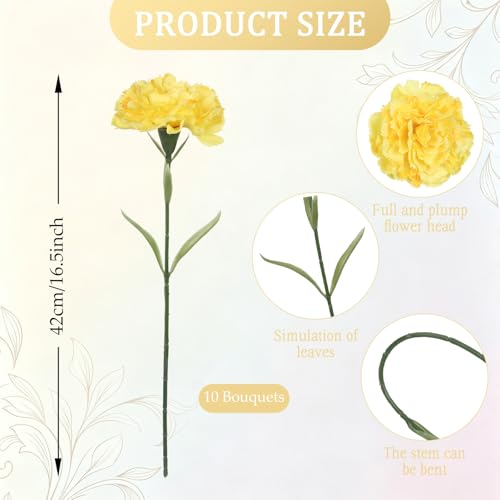 Yellow Carnations Artificial Flowers 10Pcs Large Carnations Flower Heads Lush Silk Flowers Bouquet with Stems for Wedding Bouquets Bridal Home Table Centerpieces(Yellow) - color: Yellow