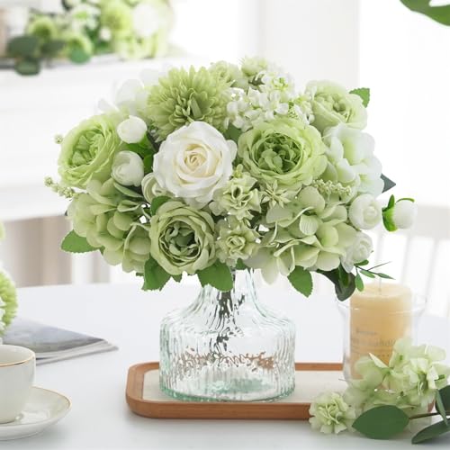 4 Pcs Mixed Artificial Peony Flowers Set-2 Bouquets & 2 Stems, Green Fake Peony Rose Hydrangea Flower for Vase Silk Floral Arrangements for Table Centerpiece Wedding Party Bridal Decoration Home Decor - color: Green, size: Mixed 4pcs