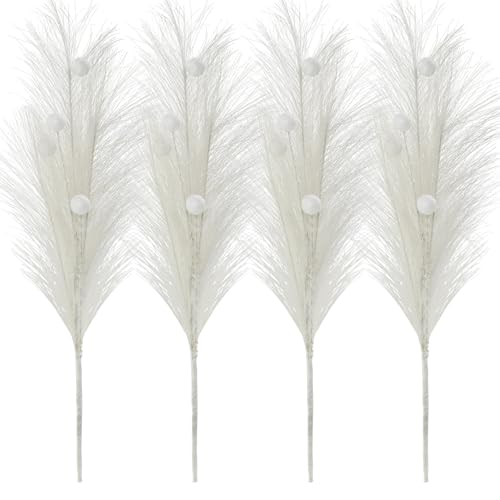 Christmas Tree Picks Decorations Set of 4 Sequins Ball Sprays 17" Artificial Furry Reed Grass Stems Fluffy Pampas Branches Feather Tails for Vase Fillers Flower Arrangements Tree Topper (White) - color: White