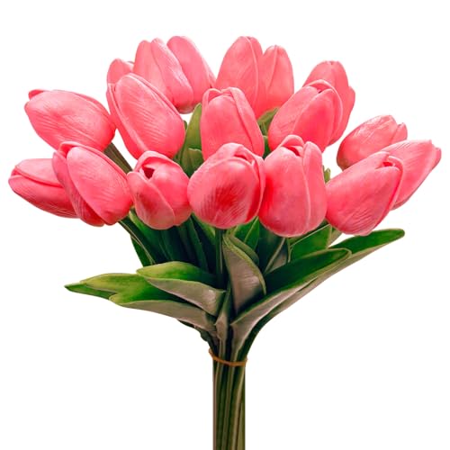 20 Pcs Tulips Artificial Flowers, 13.5'' Real Touch PU Fake Flowers Bouquet for Home Party, Spring Wedding Floral Arrangement, Valentine's, Easter and Mother's Day Decor (Coral) - color: Coral