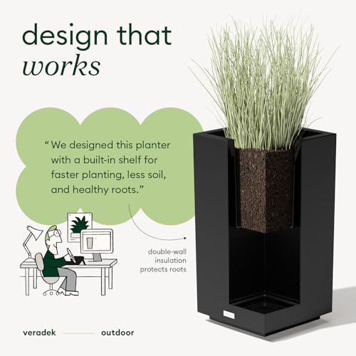 Veradek Block Series Pedestal Planter - Tall Planter for Indoor or Outdoor Front Porch | All-Weather Use with Removable Insert Bucket | Modern Décor for Flowers, Tall Trees, Faux Plants - color: Black, size: 26"H x 13.5"W