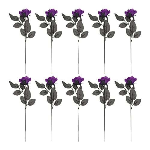 Vaguelly Halloween Flowers 10Pcs Artificial Halloween Rose with Skull Head Black Leaves Faux Silk Rose Picks Flower Stems Rose Flower Bouquet for Halloween Party Haunted House Home, Purple
