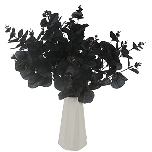 Tinsow 5 Pcs Black Artificial Eucalyptus Stems Faux Eucalyptuses Branches Black Leaf Halloween Centerpiece Halloween Home Decor (Black, 5) - color: Black