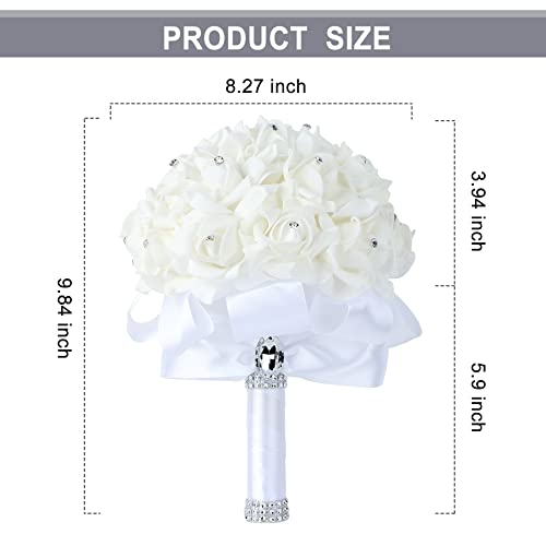 Wedding Bouquet Crystal Roses Bridesmaid Bouquet, Bridal Bouquet Artificial Flowers for Wedding, Party and Church (White) - color: White-