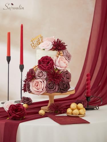 Serwalin Silk Flowers Burgundy Artificial Flower for DIY Wedding Decoration Fake Roses Pink and Red with Stems and Greenery Box Combo for Bridal Bouquet Table Centerpieces Flower for Party Baby Shower - color: A Burgundy Pink, size: 1 Box
