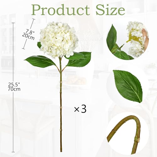 DILATATA Large Real Touch Hydrangea Artificial Flowers with Stems, 8" Full Bloom Fresh Touch Faux Hydrangea Bouquet for Vase Decor, Wedding Centerpieces, Home Table Arrangement 25.5” White Hydrangeas - color: White-l