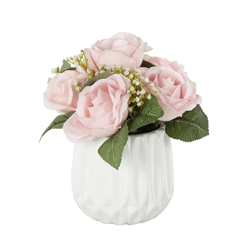 Deco 79 Fabric Artificial Flower with Green Leaves and Round Ceramic Vase, 8" x 8" x 9", Pink - color: Pink, size: 8" x 8" x 9"