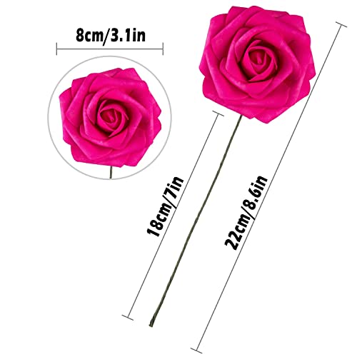 25pcs Artificial Flower Foam Rose Real Touch Roses Flower Heads with Stem for DIY Wedding Bouquets Centerpieces Arrangements Party Baby Shower Home Decor (Hot Pink) - color: Hot Pink