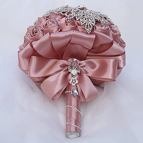 XINNI Handmade Bridal Wedding Bouquet Bride Bridesmaid Satin Rose Flower Bouquet with Drop-Shaped Rhinestone Wedding Decoration (Dusty Pink) - color: Dustypink