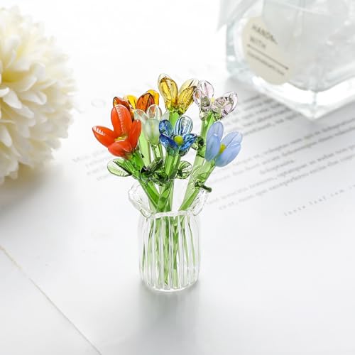 7 Pcs Mini Glass Daisy Flower Hand Blown Glass Artificial Flowers with Clear Vase Crystal Tulip Bouquet Collectible Ornament for Women Mom Wedding Home Table Centerpiece (Green) - color: Green
