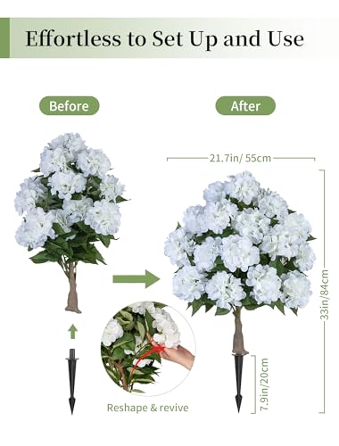BLOSMON Fake Hydrangea Trees for Outdoors - 2 Packs 33" White Artificial Flower Topiary Ball Trees for Front Porch Decor - 20 Heads Faux Silk Hydrangea Bush Plants with Spike for Garden Yard Patio - color: White