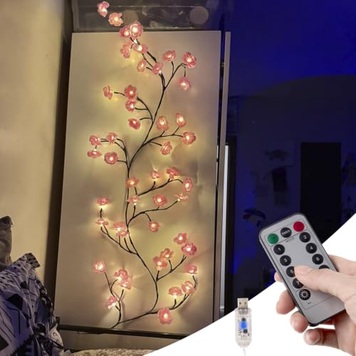 Cherry Blossom Vine Lights with Remote, 4FT 48 LED Pink Flower Willow Vine Lights for Bedroom Wall Decor, Fairy Tree Light with 8 Modes & Timer, Romantic Lighted Branch for Home, Wedding, Christmas - size: 1Pc