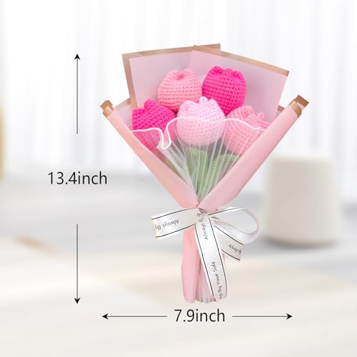 Rimvoe Crochet Tulip Flower Bouquet, Handmade Knitted Artificial Tulip Flowers, Gift for Mom Wife Women(Pink)