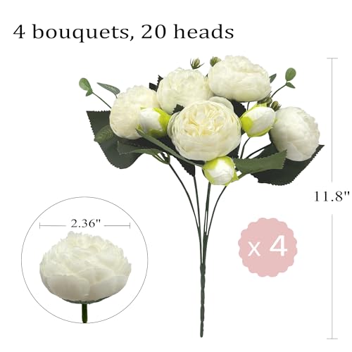 Artificial Peony Flowers, 4Pcs Silk Peonies Fake Peony Bouquets for Home Wedding Office Party Decor (White) - color: White（4pack）