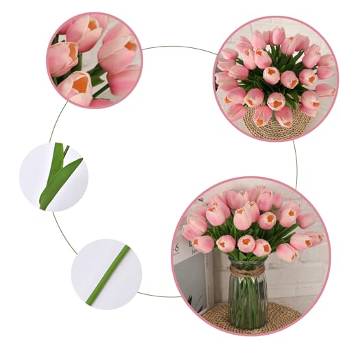 30pcs Tulips Artificial Flowers, Real Touch Fake Flowers Home Decor, Faux Tulips Bouquets Arrangements for Spring Easter Mothers Day Wedding Dining Room Table Decoration(Pale Pink) - color: Pale Pink