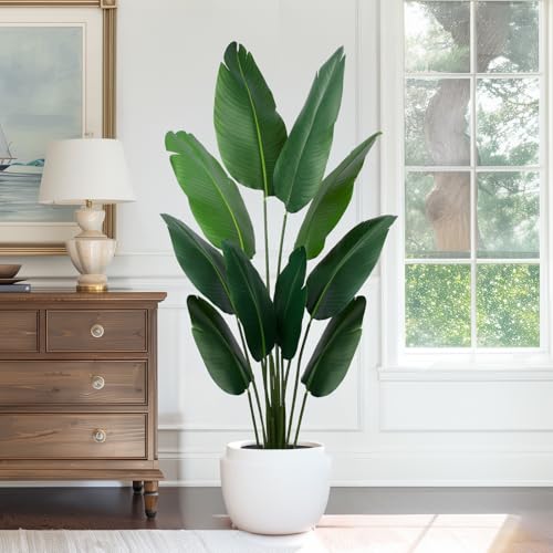 Yepdin Artificial Bird of Paradise Plant 5 Ft Tall Fake Banana Leaf Plant for Indoors and Outdoors,Faux Palm Tree with Plastic Pot for Office and Home Decor,L160 - style: 5 FT