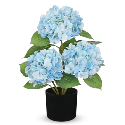 Hollyone Light Blue Hydrangea Artificial Flowers Plant Potted 19.7" Faux Silk Hydrangea Flower Tree Arrangements for Home Bathroom Office Table Centerpiece Shelf Decorations - color: Light Blue, size: 3 Head Hydrangea