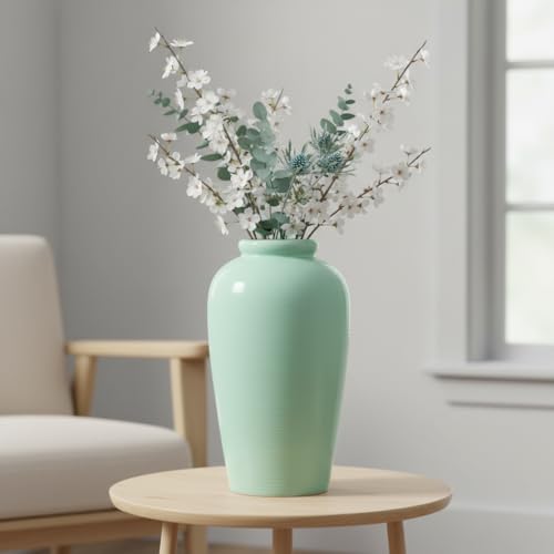 Green Ceramic Vase - 11 Inch Tall Modern Decorative Flower Vase for Living Room, Pottery Centerpiece Vases Home Decor, Eucalyptus, Mantel Decor, Side Table, Kitchen Decoration - color: Light Green