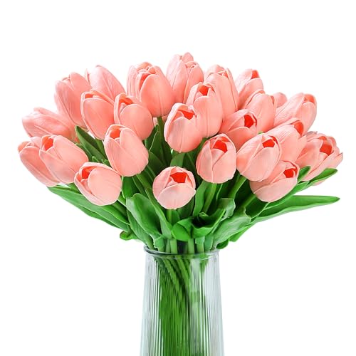 20pcs Pink Tulips Artificial Flowers Fake Silk Tulips Real Touch Flowers for Spring Kitchen Wedding Home Decor Arrangements Easter Decor 14 Inch - color: Pink