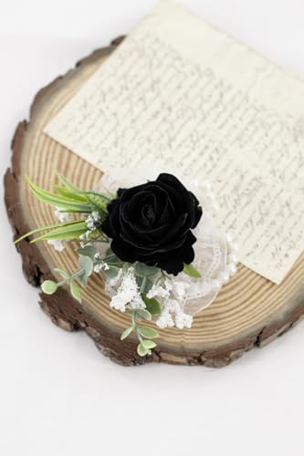 Ansofi Black Corsage and Boutonniere Set Artificial Rose Flower Wrist Corsage and Boutineers for Groom Groomsmen Bride Bridesmaids Prom Rustic Vintage Wedding Decor - color: Black