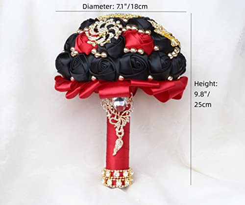 Burgundy and Black Bridal Wedding Bouquet Luxury Gold Rhinestone Brooch Bouquet for Bride Bridesmaid Quinceanera Satin Rose Artificial Flower Bouquet Wedding 7.1in - color: Burgundy & Black, size: Diameter: 7.1 inches