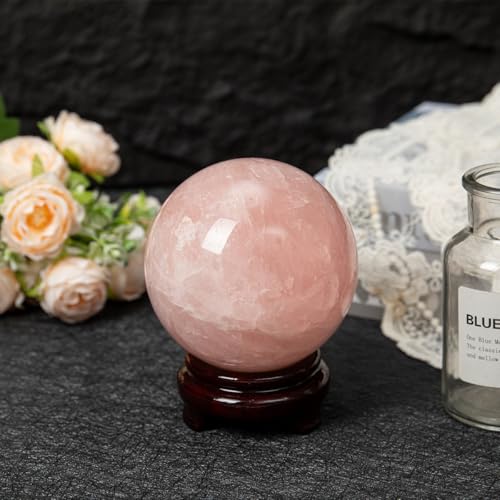 Large Rose Quartz Crystal Sphere Natural Pink Healing Crystal Ball with Stand Meditation Decorative Balls Home Decor 80-90mm/3.1-3.5" - color: Rose Quartz, size: 3.1 - 3.5 inches