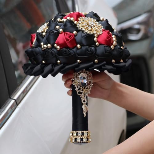 Bridal Wedding Bouquet Luxury Gold Rhinestone Brooch Bouquet for Bride Bridesmaid Quinceanera Satin Rose Artificial Flower Bouquet Wedding Black and Burgundy 9.5in - color: Black & Burgundy (Black Handle), size: Diameter: 9.5 inches