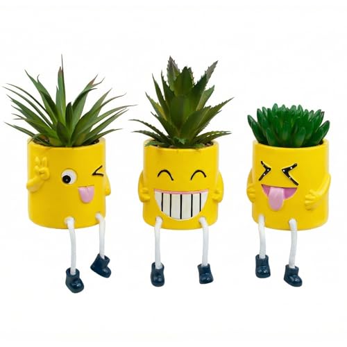 3Pcs Cute Fake Plants Small Potted Succulents with Yellow Pot, Creative Artificial Succulent Plants in Hanging Leg Fun Pot, Mini Vibrant Faux Plant for Home Office Desk Decor and Gift Choice - color: 3set-yellow