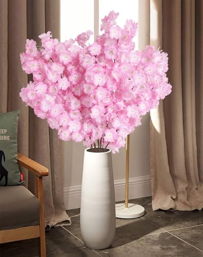 IPOPU Cherry Blossom Branches 43.3in Long Stem Artificial Flowers Cherry Blossom Flowers Pink Silk Flowers Fake Flowers Arrangements for Tall Vase for Wedding Home Bedroom Party Decor (Pink)