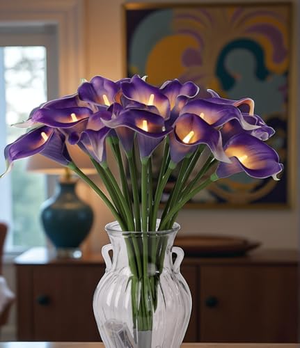 20 Stems Lighted Artificial Calla Lily Bouquet Light Faux Floarl Night Light Real Touch Flower Night Lamp LED Calla Lily lighted Artificial Flower for Holiday Gifts Home Kitchen Decor(Purple, No Vase) - color: Purple