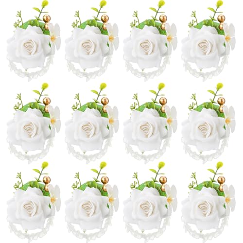 Sherr White Set of 12 Rose Wrist Corsages for Wedding Corsage Flower Wristlet Floral Wedding Wrist Bridal Rose Leaf Hand Flowers for Bride Bridesmaid Prom Engagement Festival - color: White