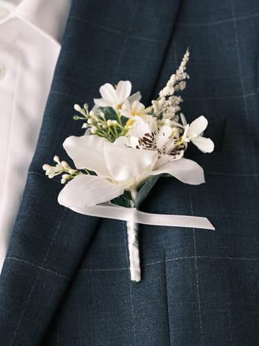 White Rose Wrist Corsage and Boutonniere Set with Ribbon Ties Wedding Prom Formal Accessories (White Style 3) - color: White Style 3